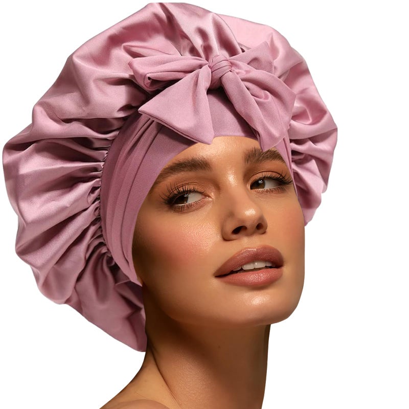 Silk Bonnet for Women Satin Bonnet for Sleeping Large Sleep Cap with Elastic Tie Band for Curly Hair Bean Paste Pink